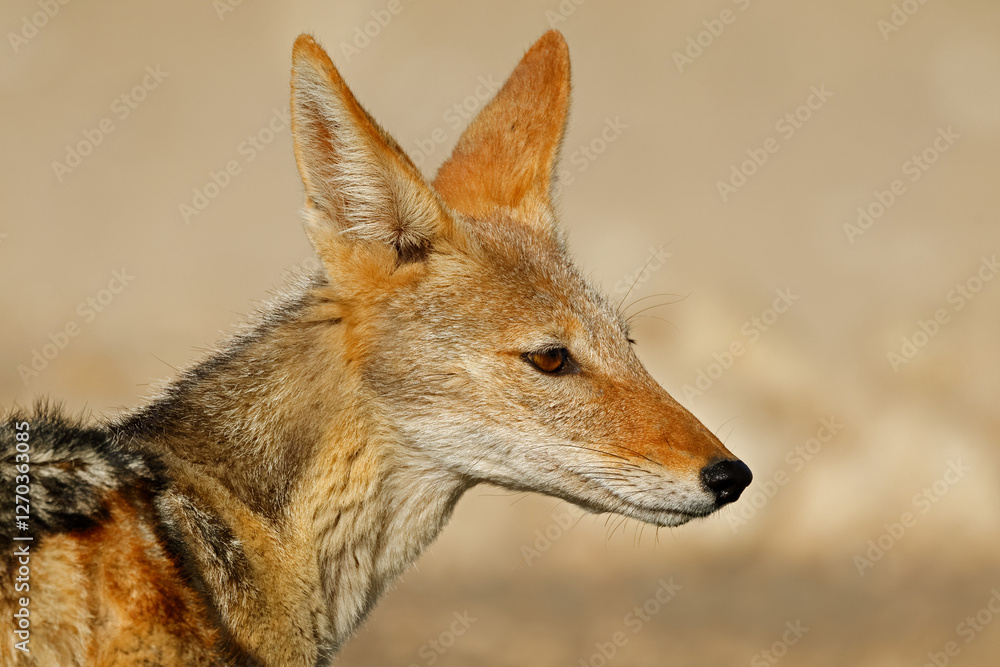 Portrait of a black-backed jackal (Canis mesomelas), Kalahari desert, South Africa. Portrait of a black-backed jackal (Canis mesomelas), Kalahari desert, South Africa.