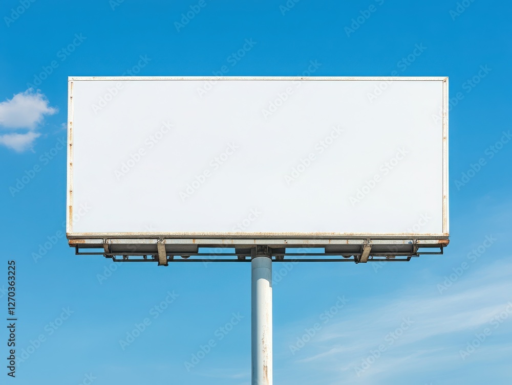 A wide horizontal blank billboard placed at the top of a contemporary building, with clear blue skies and a few scattered clouds in the background. 