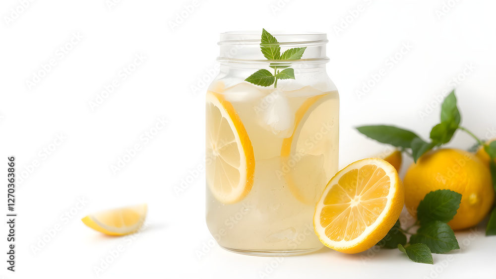 Glass jar of lemonade isolated on white background Glass jar of lemonade isolated on white background