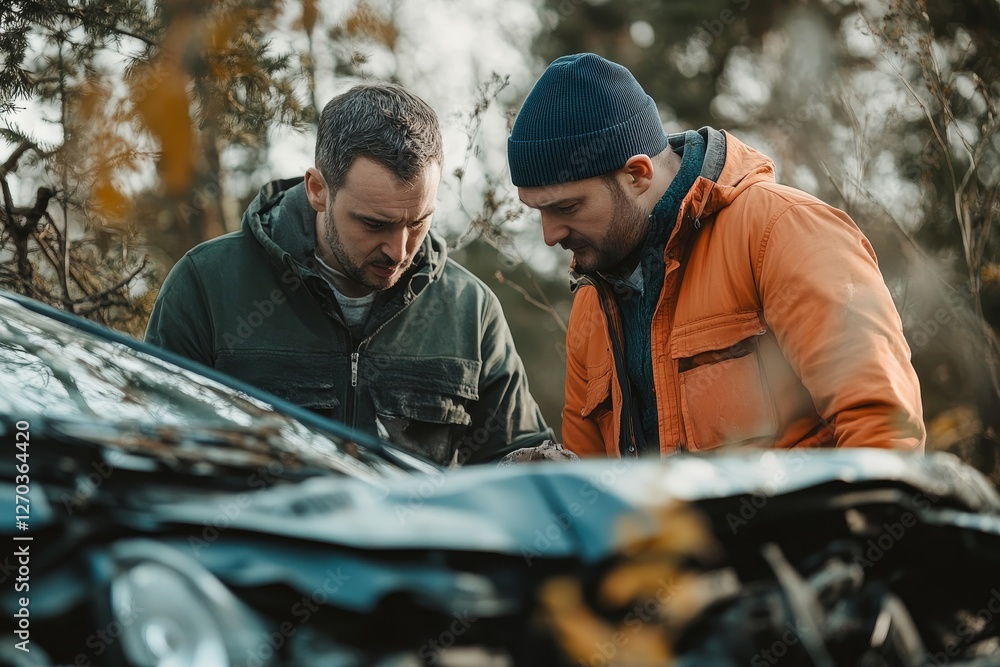 Fototapeta premium Two Men Inspecting The Car Damaged After Accident, 