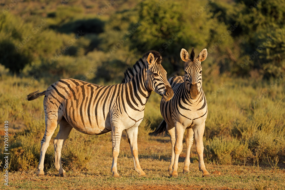 Naklejka premium Two plains zebras (Equus burchelli) in late afternoon light, Mokala National Park, South Africa.