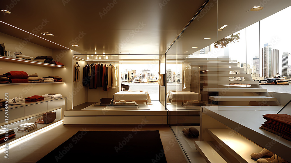Obraz premium Luxurious yacht cabin with builtin wardrobe stunning city views. Modern minimalist design, showcasing highend closet organization serene bedroom area.