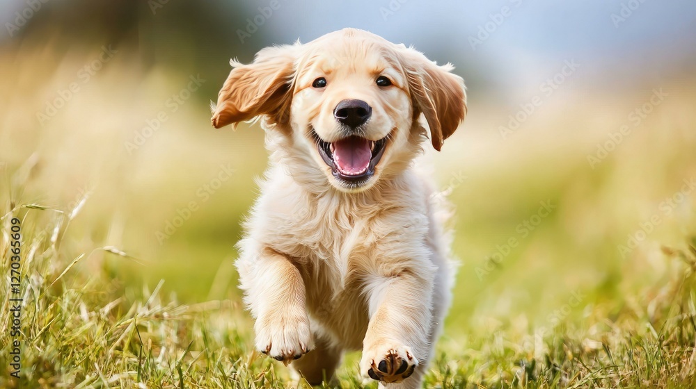 A playful golden retriever puppy joyfully running through a sunlit meadow, embodying the joy of pet adoption and the boundless love that furry friends bring into our lives.