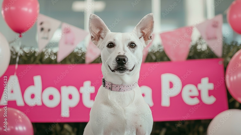 An adorable dog is showcased at a lively pet adoption event, surrounded by colorful decorations and a prominent Adopt a Pet banner, encouraging animal lovers to consider adoption.