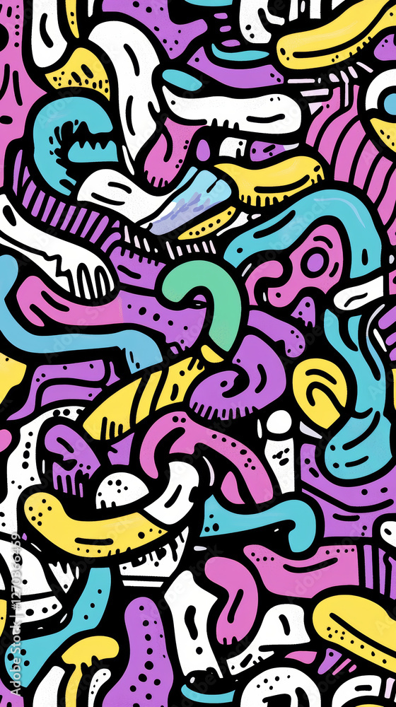 Fototapeta premium Colorful abstract doodle pattern with vibrant shapes