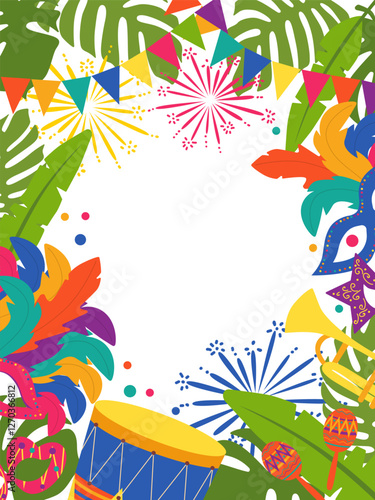 Party Invitation, Festival. Colorful Banner with Drum, Trumpet, Maracas and Feather Masks on White Background. Vector Flat Style Illustration