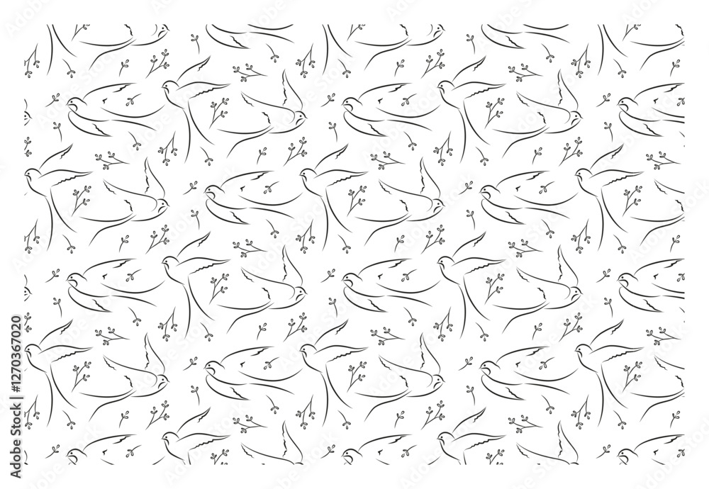 Pattern with vector outline of swallows in flight with twigs. Swallow flies in doodle style. Pattern with vector outline of swallows in flight with twigs. Swallow flies in doodle style.