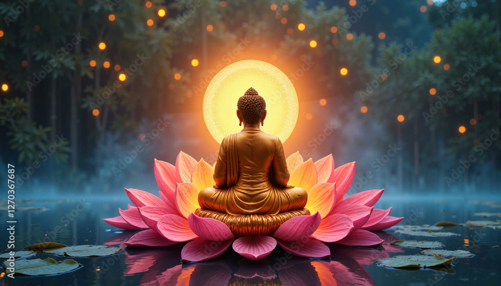 Serene golden Buddha statue on a lotus flower with a glowing halo in a tranquil water setting Serene golden Buddha statue on a lotus flower with a glowing halo in a tranquil water setting