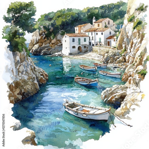 Watercolor painting of a quiet cove with small fishing boats docked and a village nestled along the coast
