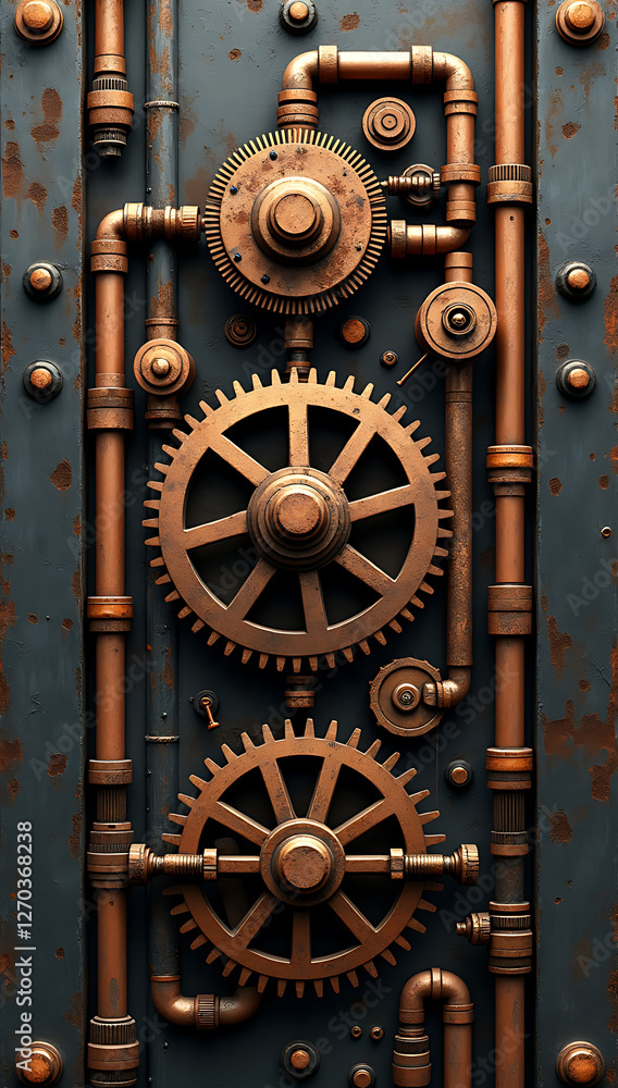 Steampunk Industrial Metal – A Dark, Aged Metal Background with Rusty Gears, Copper Pipes, and a Vintage Mechanical Aesthetic Steampunk Industrial Metal – A Dark, Aged Metal Background with Rusty Gears, Copper Pipes, and a Vintage Mechanical Aesthetic