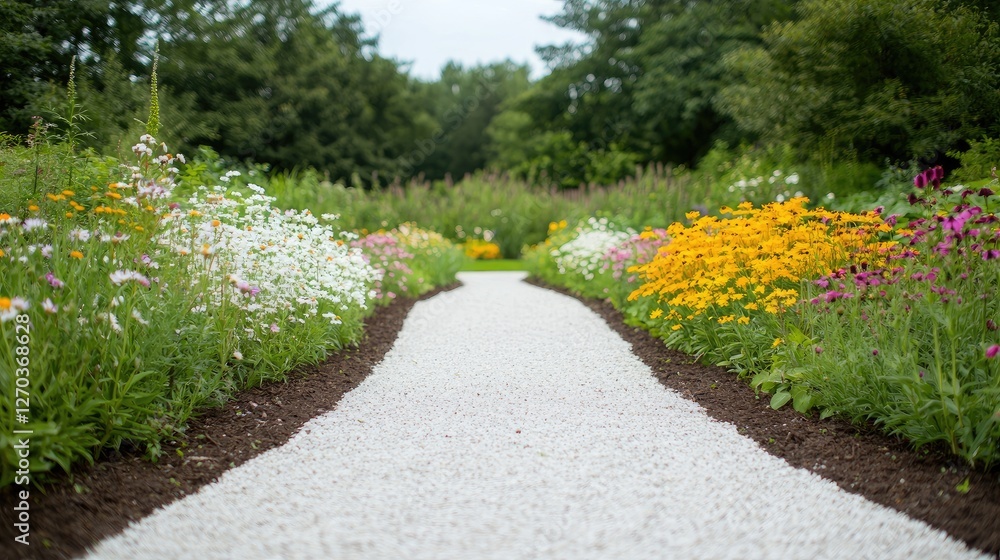 Obraz premium Winding white gravel path leads through vibrant blooming flower beds in a lush green garden during daytime.