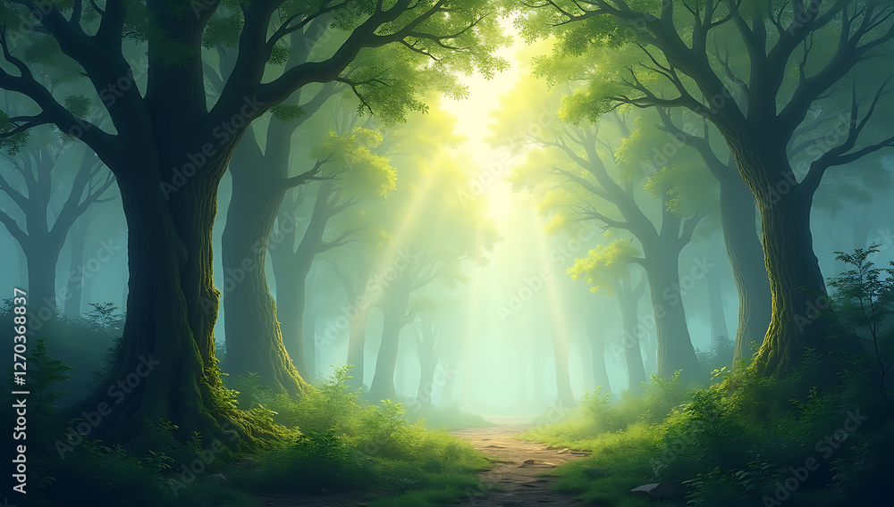 Naklejka premium Misty Forest Morning – A Serene, Foggy Woodland Background with Sunlight Peeking Through Dense Trees