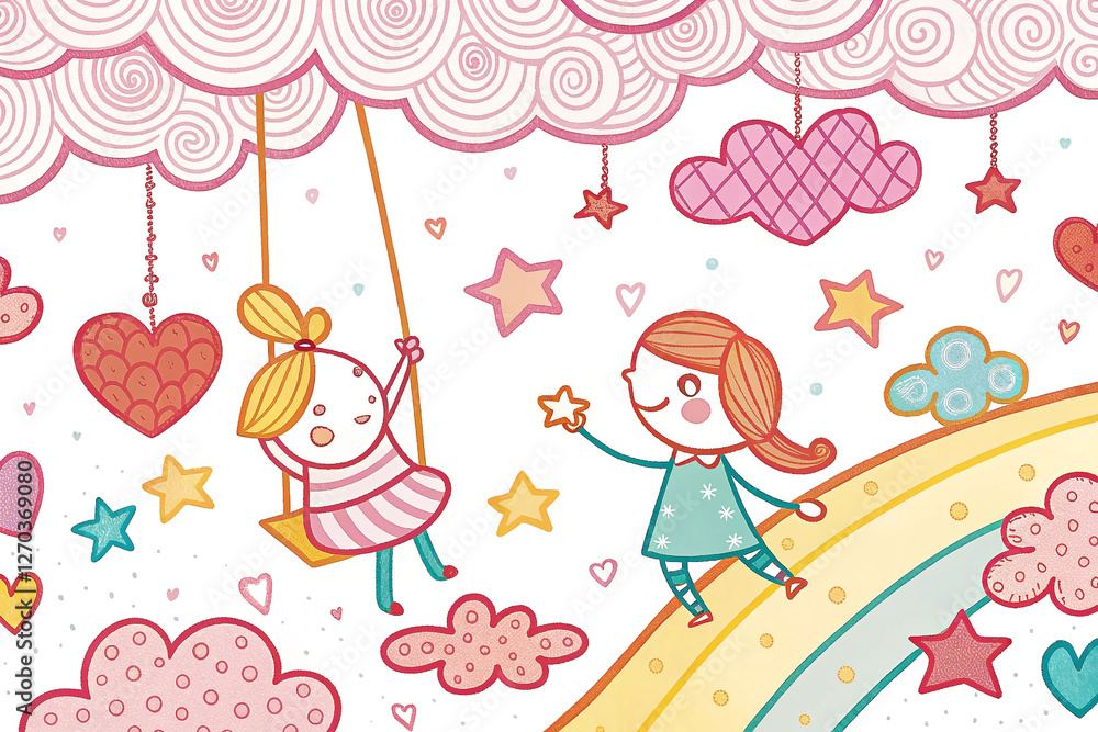 Kids swing, rainbow, clouds, stars, gifting. Possible use Children's book illustration Kids swing, rainbow, clouds, stars, gifting. Possible use Children's book illustration