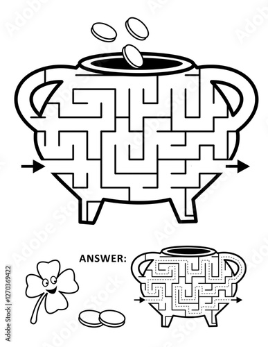 St. Patrick's Day Pot of Gold maze or labyrinth, cheerful four-leaf clover and golden coins. Answer included.
