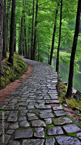 serene forest path with wet cobblestones