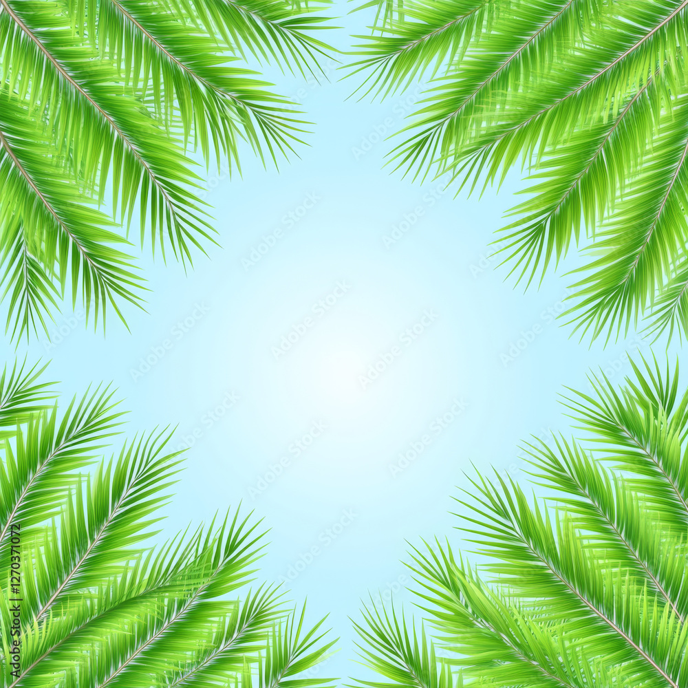 Naklejka premium Green palm leaves frame bright blue sky