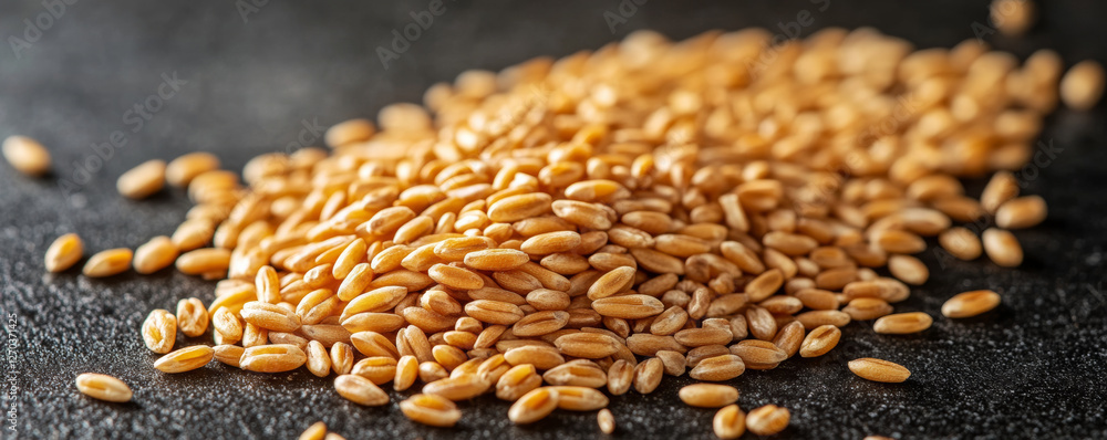 Obraz premium Close up of golden wheat grains scattered on dark surface, showcasing their texture and color. This captures essence of agricultural produce and natural beauty