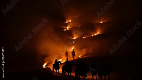 Nighttime Ascent: Riders and Fires on a Misty Hillside