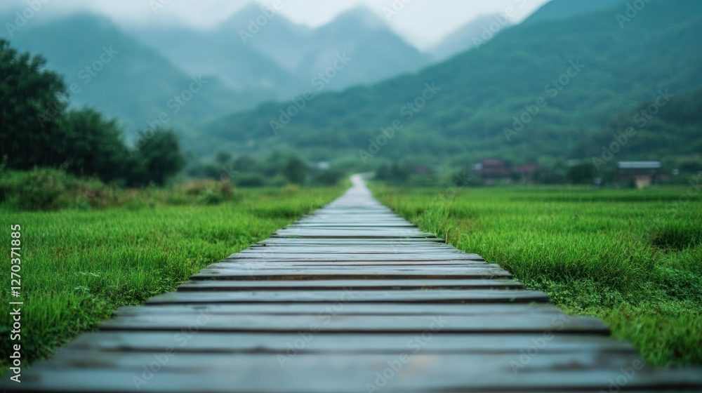 Obraz premium Wooden path through misty rice paddy to mountains