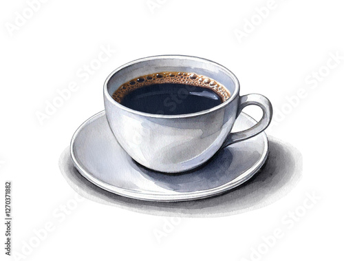 コーヒーが入った白いカップとソーサー。影は背景色を透過。