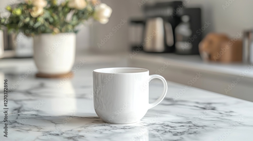A minimalist white mug sits on a marble countertop, perfect for coffee or tea. The modern kitchen background adds a touch of elegance and style. A minimalist white mug sits on a marble countertop, perfect for coffee or tea. The modern kitchen background adds a touch of elegance and style.