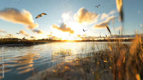serene estuary at sunset, featuring brackish water and flying birds. golden light reflects on water, creating tranquil atmosphere