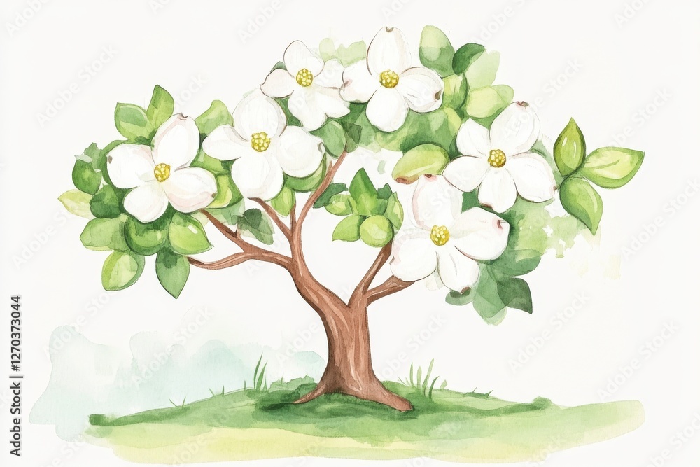Obraz premium A beautiful watercolor illustration of a flowering tree, showcasing white blossoms and vibrant green leaves against a soft background.