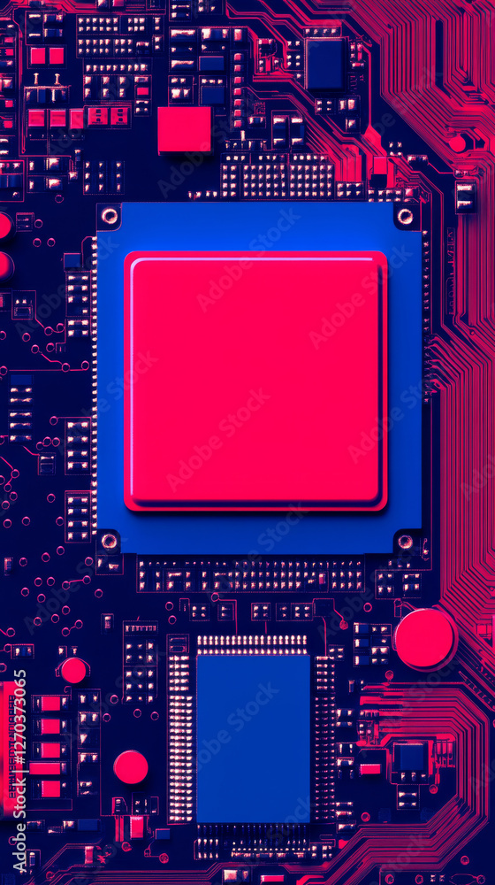 Colorful circuit board with red and blue elements Colorful circuit board with red and blue elements