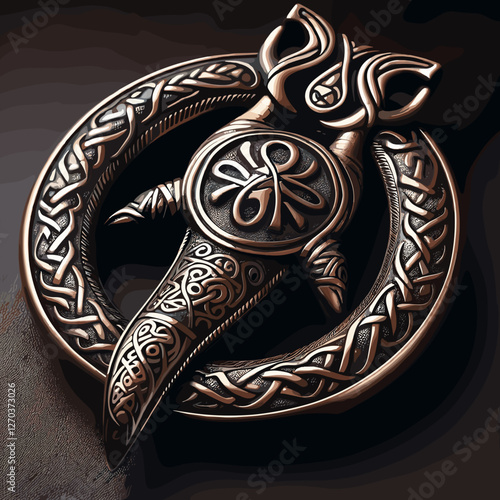 The image features an intricately designed Celtic brooch with detailed knotwork, metallic engravings, and a symbolic emblem, reflecting ancient craftsmanship and heritage.