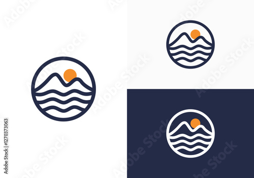 Landscape logo design made in minimalist line style. Holiday logo design template with tropical beach and mountain design vector illustration. Icon, symbol, creative.