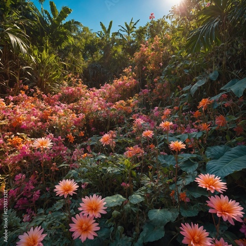 A jungle floor carpeted with flower plants in shades of pink, orange, and white, against a radiant blue sky.