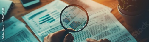 A close-up view of a hand holding a magnifying glass over financial reports and data sheets, highlighting detailed analysis and investigation.