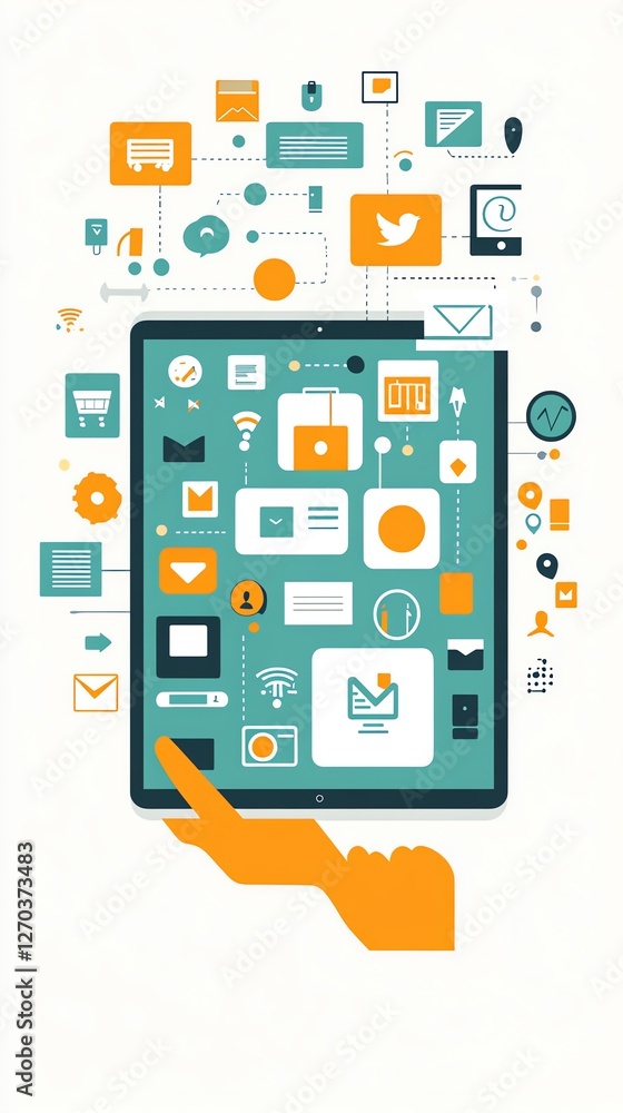 Hand Using Tablet Displaying App Icons for Mobile Communication Concept Hand Using Tablet Displaying App Icons for Mobile Communication Concept