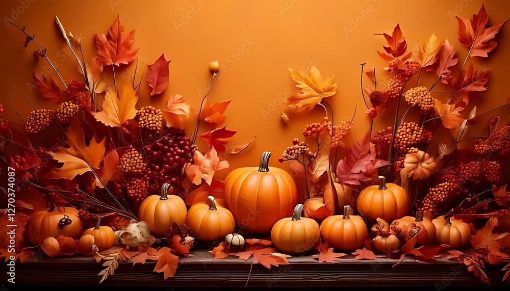 A festive autumn scene is composed of pumpkins, colorful leaves, berries, on orange background. A festive autumn scene is composed of pumpkins, colorful leaves, berries, on orange background.
