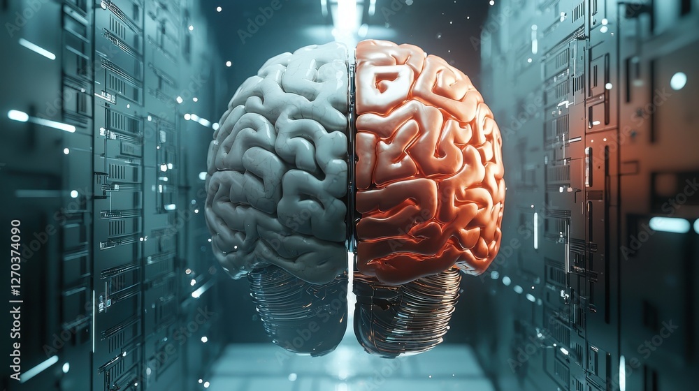 A striking visual of a split brain, showcasing the contrast between logical and creative thought processes in a digital environment. A striking visual of a split brain, showcasing the contrast between logical and creative thought processes in a digital environment.