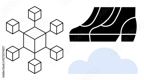 Blockchain network structure, server racks, and a cloud icon. Ideal for data storage, digital infrastructure, cloud services, network security, technology innovation, decentralization