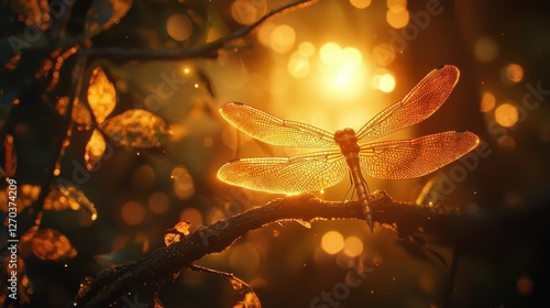 Wallpaper Mural A stunning close-up of a dragonfly resting on a branch, illuminated by the warm glow of sunlight filtering through leaves, creating a magical atmosphere. Torontodigital.ca