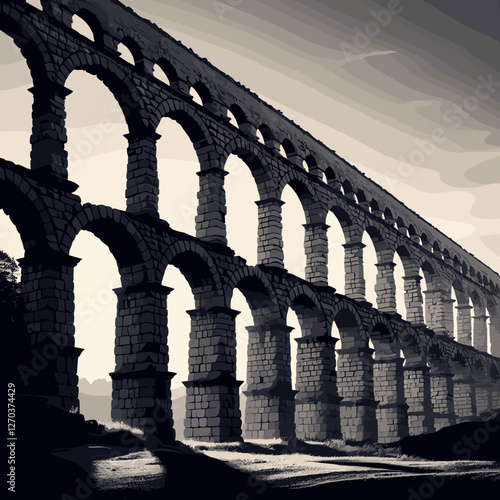The image showcases a grand, ancient Roman aqueduct with multiple stone arches, captured in a dramatic black-and-white perspective emphasizing its architectural grandeur and historical significance.