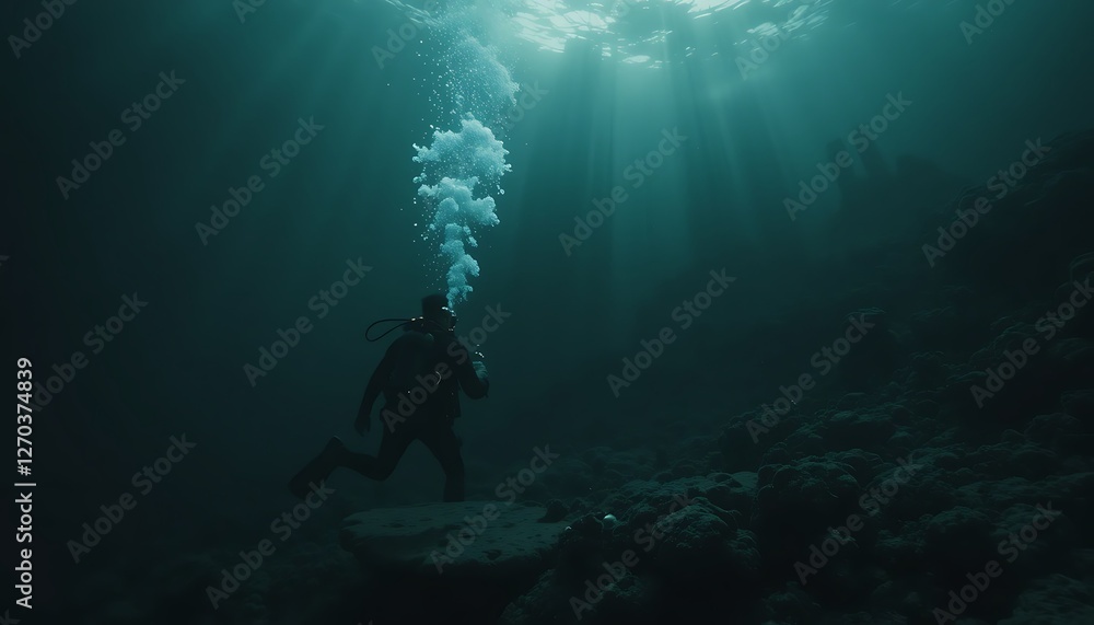 Silhouette of a scuba diver exploring a dark underwater cave, beams of sunlight illuminating the scene. Silhouette of a scuba diver exploring a dark underwater cave, beams of sunlight illuminating the scene.