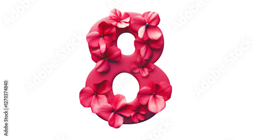 8 March, International Women's Day, red figure eight decorated with flowers, close up, created with Generative AI technology, PNG photo