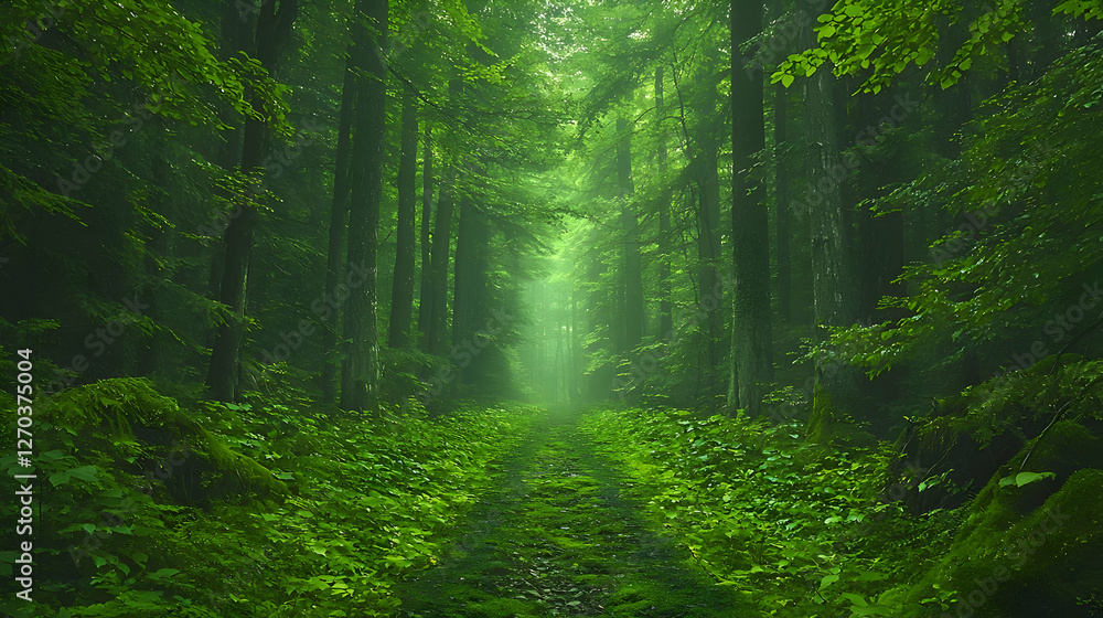 Obraz premium Misty forest path, lush greenery, tranquil scene, nature wallpaper