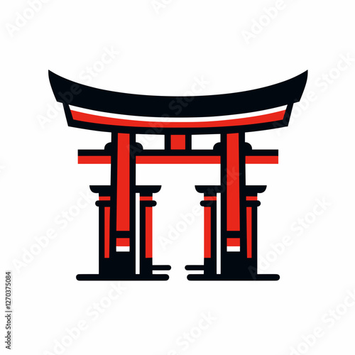 The image features a stylized, minimalist depiction of a traditional Japanese torii gate in bold red and black colors, symbolizing the entrance to a sacred Shinto shrine.
