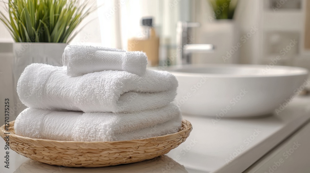 A cozy bathroom scene featuring neatly arranged white towels in a woven basket beside a sleek bowl sink, adorned with green plants for a fresh feel. A cozy bathroom scene featuring neatly arranged white towels in a woven basket beside a sleek bowl sink, adorned with green plants for a fresh feel.