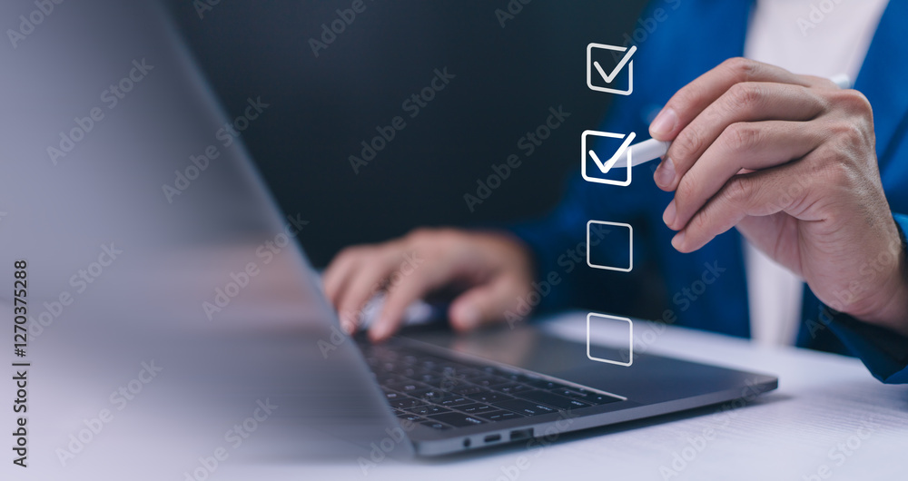 Businessman tick correct mark to approve document iso checklist icon.checkmark quality management quality assurance or QA and quality control or QC and improvement, Standardization and certification.