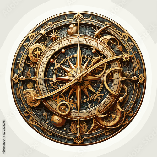The image features an intricately designed astronomical clock with ornate gears, celestial motifs, and a steampunk-inspired circular frame, symbolizing time, navigation, and cosmic harmony.