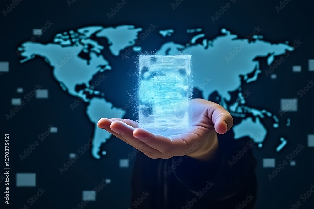A hand presents a digital document, glowing against a world map interface backdrop A hand presents a digital document, glowing against a world map interface backdrop