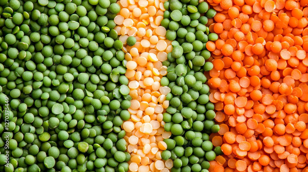 Vibrant green, yellow, and orange lentils and peas arranged in colorful rows create visually appealing display of healthy legumes. Perfect for culinary inspiration Vibrant green, yellow, and orange lentils and peas arranged in colorful rows create visually appealing display of healthy legumes. Perfect for culinary inspiration