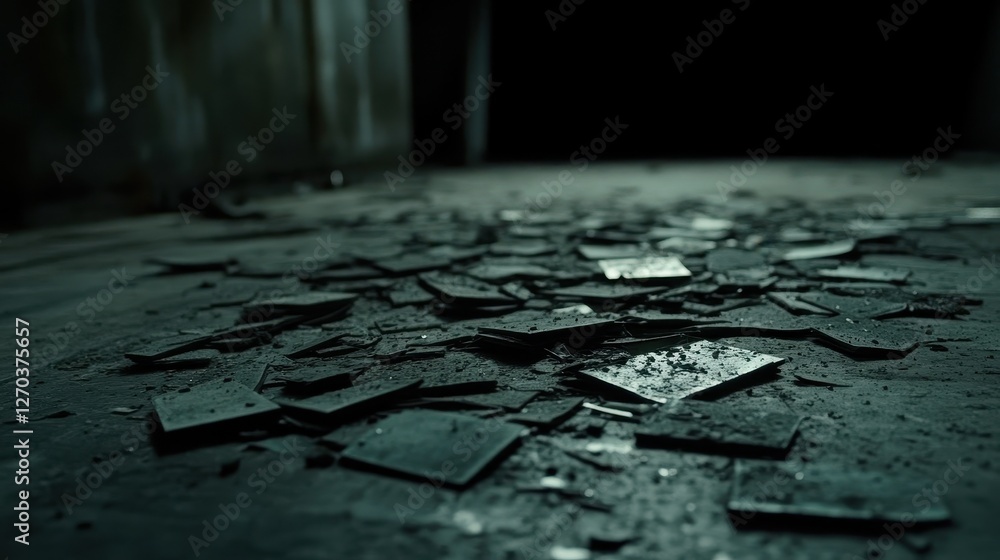 Fototapeta premium Shattered Glass Fragments on Dark Floor in Abandoned Space