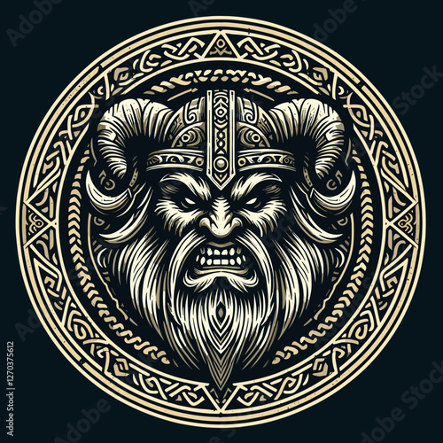 The image features an intricately designed Viking warrior with ram-like horns, a fierce expression, and a highly detailed beard, enclosed within a circular Celtic-inspired ornamental border.