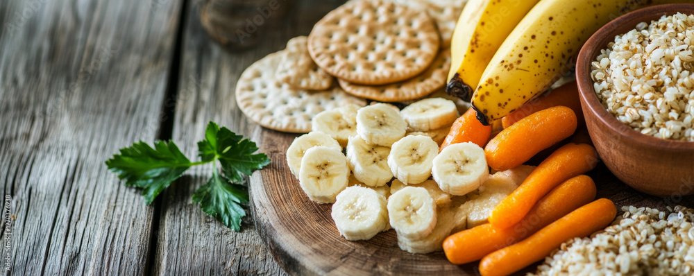 Healthy snack arrangement with bananas, carrots, rice, and crackers. This rustic display showcases nutritious carbohydrates, perfect for balanced diet Healthy snack arrangement with bananas, carrots, rice, and crackers. This rustic display showcases nutritious carbohydrates, perfect for balanced diet